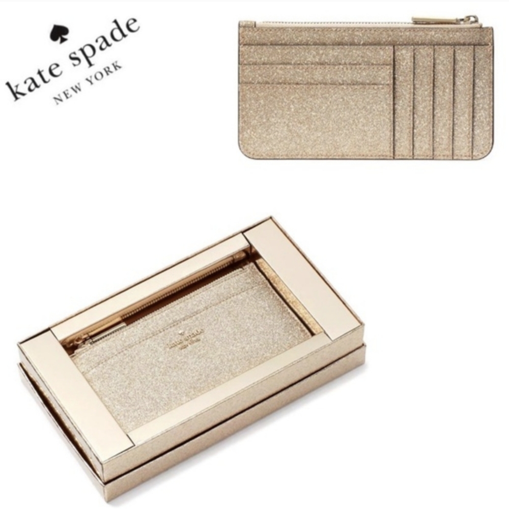 Kate Spade Large Gold Glitter Slim Cardholder W/ Zip, NWT/NIB